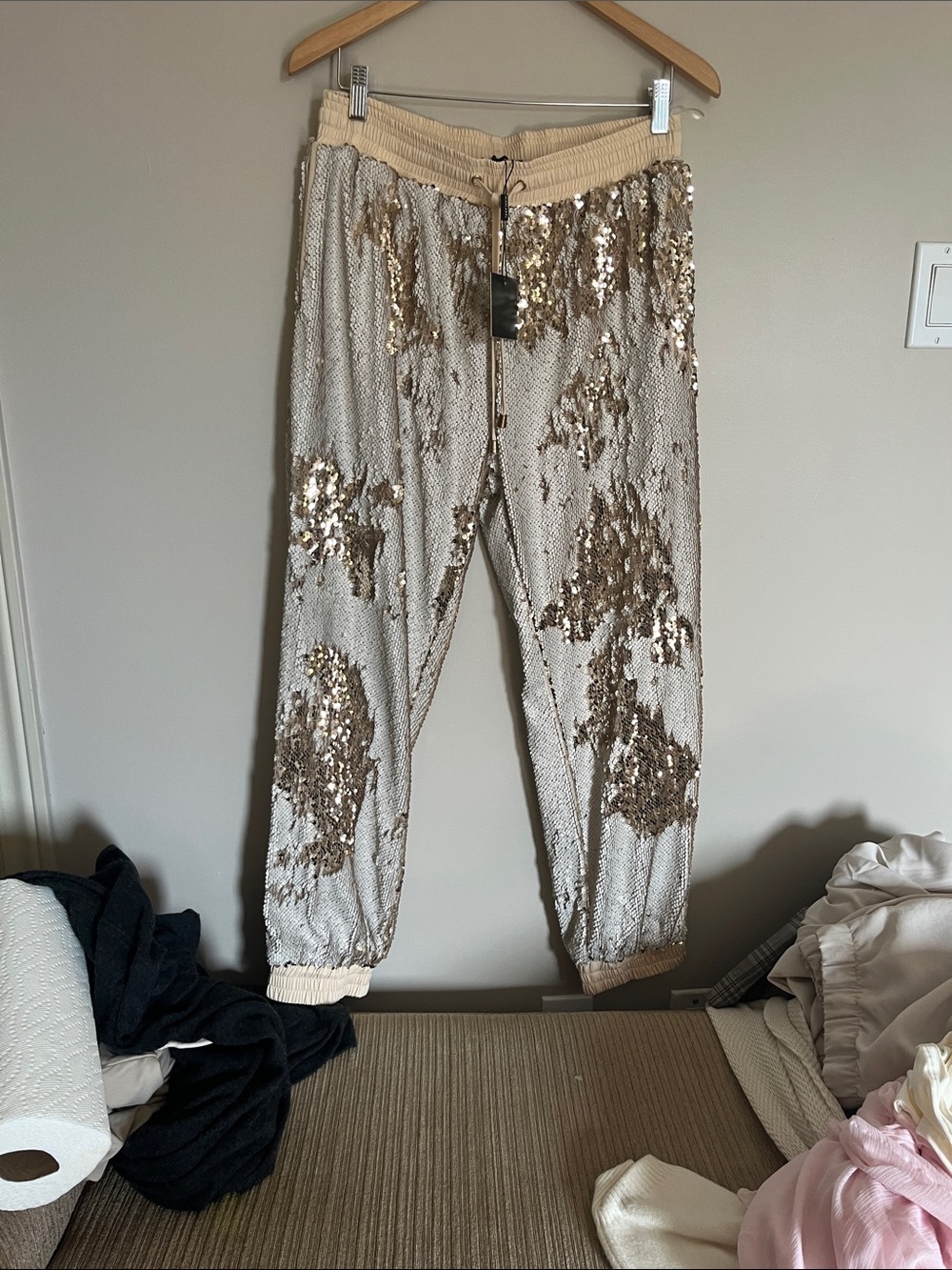JLUXLABEL Cream Jogger Pants with Gold Sequin Accents